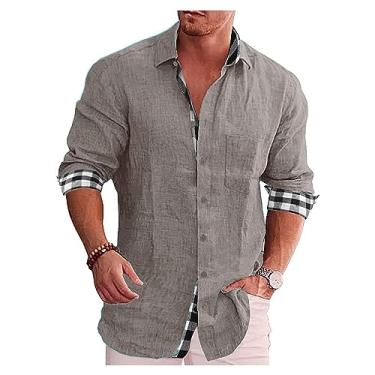 Imagem de Camisa masculina de manga comprida casual de lapela xadrez algodão linho camisa de praia camisa de botão, Cinza, M