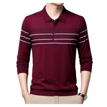 Imagem de Camisa polo masculina, cintura elástica, estampa listrada, gola aberta, meio pulôver com botões frontais, Vermelho, M