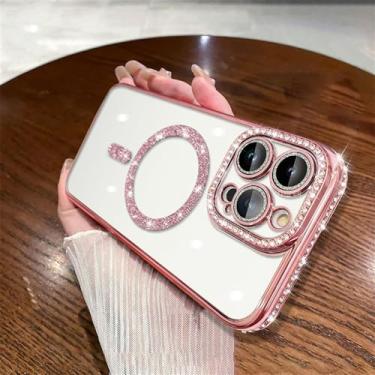 Imagem de Diamond Bling Soft TPU Clear Sparkle Case para iPhone 15 11 12 13 14 Pro Max Plus Capa magnética de carregamento sem fio, rosa, para iphone 11 ProMax