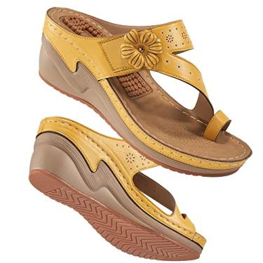 Imagem de Sandália feminina anabela chinelo com suporte de arco verão confortável plataforma boêmia sapatos baixos função de massagem sandália tanga casual, W - amarelo, 7