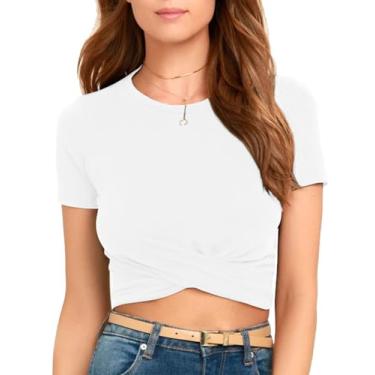 Imagem de Umenlele Camisetas femininas com gola redonda franzida frente torcida e manga curta, Branco, G