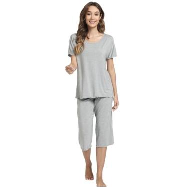 Imagem de QUALFORT Pijama feminino macio, conjunto de pijama de manga curta, tamanho grande, P-3GG, Cinza claro, G