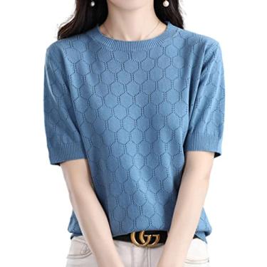 Imagem de Ailaile Camiseta feminina vazada de verão suéter de manga curta malha de algodão gola redonda leve pointelle respirável, Azul gelo, XX-Large