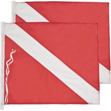 Imagem de 2 bandeiras de mergulho com laços de cordão de 50 x 61 cm - Nylon com costura dupla - Bandeiras de mergulho vermelhas e brancas para mergulho submarino mergulho livre, use com boia, boia, barco,