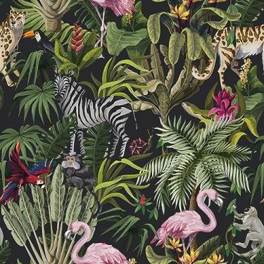 Imagem de CRE8TIVE Papel de parede de 60,96 cm x 299,7 cm Selva Animal Peel and Stick Papel de Parede Zebra Leopardo Macaco Pássaro Floresta Tropical Folha Folha Papel de Contato Autoadesivo Removível Floral Mural de Parede para Quarto de Quarto de Bebé