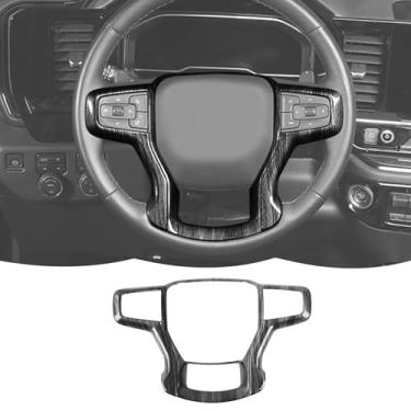 Imagem de Acessórios interiores para decoração de moldura de cobertura de volante compatíveis com Chevrolet Silverado 2019-2023, para Chevrolet Tahoe 2021-2023, para SUV suburbano 2020-2023, grão de madeira preta