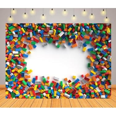 Imagem de BELECO Pano de fundo de blocos coloridos de tecido de 2,1 x 1,5 m com tema de blocos de montar para crianças com tema de festa de aniversário, brinquedo colorido, tijolos de construção, fundo de