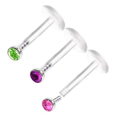 Imagem de Brincos de lóbulo de cristal de 2 mm com 3 peças Bio-plástico Push in Lip Ring da BanaVega 16 g 5/16 8 mm Joias de piercing vertical Labret Opções de cores