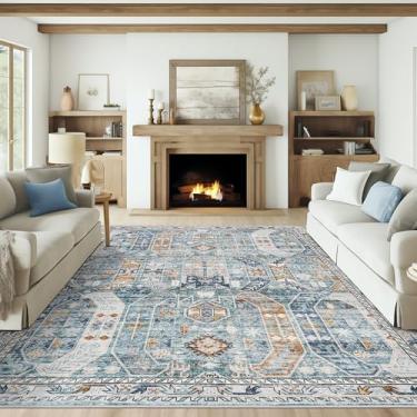 Imagem de befbee Tapete lavável 20 x 25 cm tapetes para sala de estar - tapetes antiderrapantes resistentes a manchas para quarto - tapete vintage boho persa grande (azul/dourado, 20 x 25 cm)