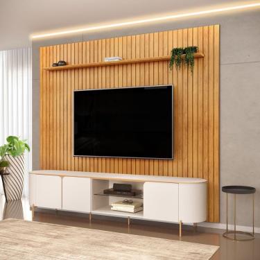 Imagem de Rack Ariana com Painel Trento 240cm x 275,7cm x 45cm Off White/Cedro