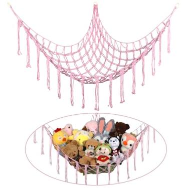 Imagem de Canto de rede de bichos de pelúcia, rede grande de pelúcia tricotada à mão com anéis de madeira | Armazenamento de animais fofos Boho para berçário e quarto | Organizador de brinquedos infantis de
