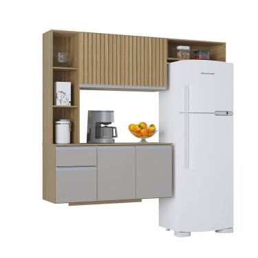 Imagem de Cozinha Suspensa com Balcão Mel 163 cm Damasco Ripado Off White- Poquema