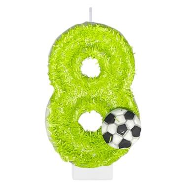 Imagem de Velas de número de aniversário de futebol para bolo, vela verde número 8, topo de bolo de futebol para decoração de festa de aniversário, suprimentos de lembrancinhas