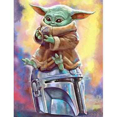 Imagem de Plzoslly Pintura por números para adultos e crianças, Star Wars, Baby Yoda, faça você mesmo, kits de pintura com diamantes 5D Mandalorian redondo broca completa cristal strass bordado artes artesanato