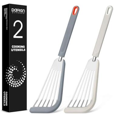 Imagem de Conjunto de 2 espátulas de silicone para peixe, espátulas finas para panelas antiaderentes, espátula de cozinha de aço inoxidável flexível resistente ao calor para peixes, ovos, panquecas (KG)