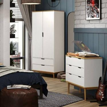 Imagem de Conjunto Quarto com Armário 2 Portas 2 Gavetas e Cômoda 3 Gavetas Nórdica Yescasa ROBLE/BRANCO