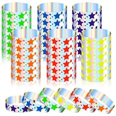 Imagem de 500 peças pulseiras de estrela de néon pulseiras de plástico para eventos à prova d'água pulseiras de estrela de néon pulseiras coloridas pulseiras de braço pulseira de mão adesiva para festa aniversário casamento festival
