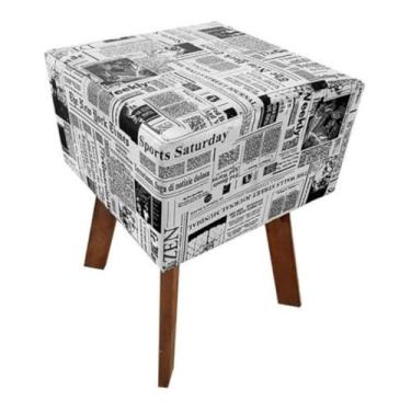 Imagem de Puff Quadrado Pés De Madeira Estampa Decorativo Quarto Sala (Retro Jornal)
