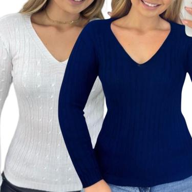 Imagem de Kit 2 Blusas Femininas Industrie Suéter Malha Tricô e Marinho Manga Longa Tamanho:Único;Cor:-Feminino