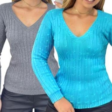 Imagem de Kit 2 Blusas Industrie Femininas Suéter Malha Tricô Chumbo e Turquesa Manga Longa Tamanho:Único;Cor:-Feminino
