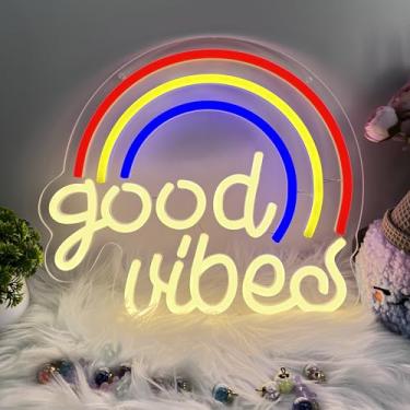 Imagem de ASSHNMOR Placa De Neon Rainbow Good Vibes - Luz Positiva Multicolorida Para Quarto, Estúdio Ioga, Cafeteria, Com Controle Intensidade Usb, Decoração Parede À Prova Estilhaçamento, Presente Inspirado