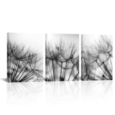 Imagem de LyerArtork 3 peças de arte de parede de dente-de-leão preto e branco impressões em tela de dente-de-leão arte moderna pintura de flores decoração de parede para cozinha quarto sala de estar 12"x16"x3
