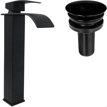 Imagem de Dona D Cor, Kit Torneira Preta Banheiro Bica Alta Quadrada Inox Monocomando Misturador Válvula Click 7/8 Escoamento Lavabo Ralo Pia Aço Inox Preto Fosco