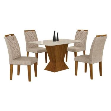 Imagem de Mesa De Jantar Larissa 120x80 Freijó Off White Com 4 Cadeiras Mdf Freijó Linho Palha - Leifer Móveis