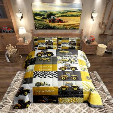 Imagem de Erosebridal Jogo de cama casal com desenho animado amarelo, caminhão, trator, colheitadeira, veículo de construção, equipamento de fazenda, edredom e trator rural