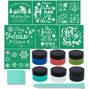 Imagem de DGAGA 15 peças de estêncil de tela de seda de Natal, colar de giz e conjunto de estêncis de malha de giz transferências estênceis autoadesivos reutilizáveis para pintura em placas de madeira DIY, tecido, decoração de casa, pasta de giz