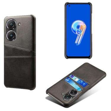 Imagem de Capas Compatível com ASUS Zenfone 9,Caso de couro PU-Tampa de telefone a prova de choque com 2 slots de cartão,Proteção anti-impressão digital e anti-gota-Black