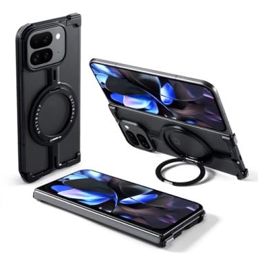 Imagem de OATSBASF Capa amortecedora para Google Pixel 9 Pro Fold, com suporte magnético rotativo de 360°, capa minimalista de proteção de metal de alumínio sem moldura, preta