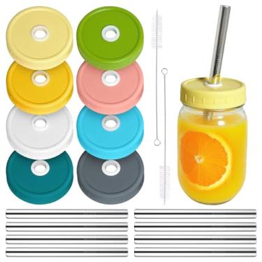 Imagem de LonXFan Pacote com 8 tampas de frasco de pedreiro, reutilizáveis, tampas de vidro de boca larga com canudos de aço inoxidável e escova para frascos de mason de boca larga, frascos de conserva – pode