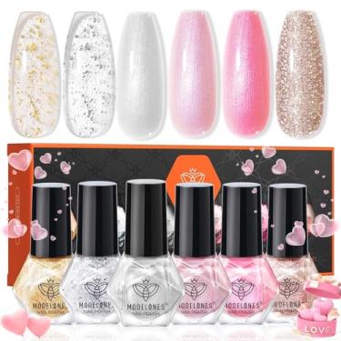 Imagem de modelones Conjunto de esmalte rosa, 6 cores, branco, dourado, brilhante, pérola, cintilante, secagem rápida, kit de manicure DIY de longa duração para mulheres, meninas, presentes de casamento