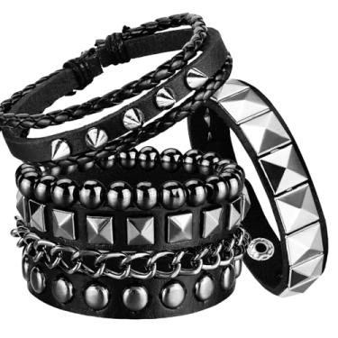 Imagem de Ulekuke 4 pulseiras de couro punk rock cravejadas para homens e mulheres 80 conjunto de pulseiras góticas com espigões acessórios emo para roupas de roqueiro, One size, Couro Couro sintético, Sem