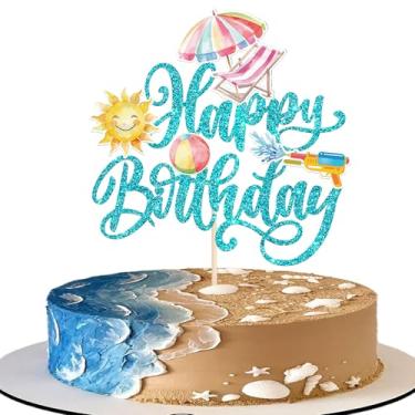 Imagem de Rsstarxi 1 Pack Summer Beach Happy Birthday Cake Topper Pool Birthday Cake Decorations Ball Sun Umbrella Water Gun Pool Cupcake Picks for Summer Hawaiian Baby Shower Party Favors Blue