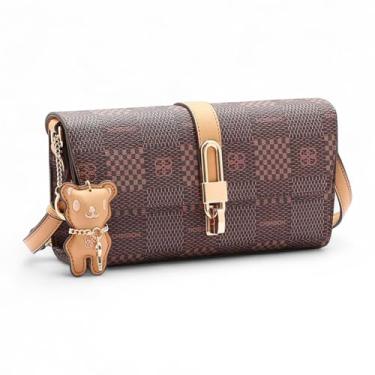 Imagem de Bolsa Transversal Feminina Estruturada, Estilo Elegante, com Monograma e Chaveiro Ursinho (Marrom)