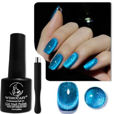 Imagem de Esmalte de gel Wimocacy Cat Eye Gel Holográfico Glitter Esmalte magnético com ímã para salão de beleza, arte de unhas, faça você mesmo (azul celeste)