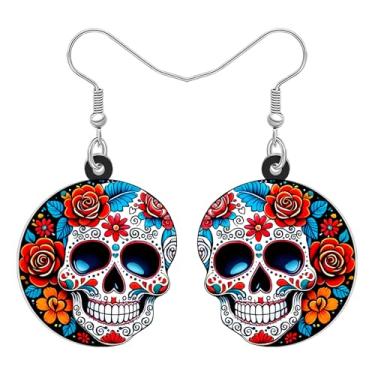 Imagem de DALANE Novidade presentes de Halloween brincos pendentes de caveira de açúcar para mulheres, design gótico mexicano assustador, floral de acrílico, fantasia gótica de Halloween, Medium, Acrílico Aço