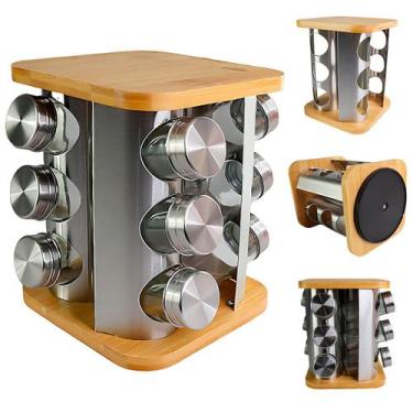 Imagem de Porta Condimentos Temperos Inox com Base Bambu Giratória 360 e 12 Fras