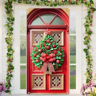 Imagem de BlissYard Capa de porta de Natal, guirlanda festiva, laço vermelho, 89 x 188 cm, faixa elegante para decoração de parede interna e externa, tecido de poliéster, decoração de festa em casa para meninas
