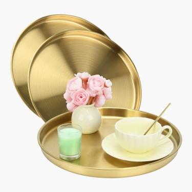 Imagem de 3 bandejas redondas douradas de 30 cm, aço inoxidável, placa de ouro circular, decoração de mesa de café, bandeja de penteadeira, prato decorativo circular