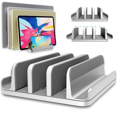 Imagem de TEFONIA Vertical Laptop Stand Holder 5 Slots, Aluminum Space-Saving Laptop Holder, Adjustable Size Dock Tabletop Desk Organizer 3 Slot + 2 for Apple MacBook/Surface/PC/Tablet/iPad/iPhone (Silver)