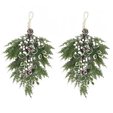 Imagem de Gudegou 2 peças de guirlanda de Natal de 53 cm, gomos de pinheiro de verdura sintética com baga branca e pinha, para decoração de porta de janela e escada