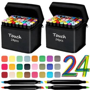 Imagem de Kit 2 Malas de 24 Canetinhas Profissionais Duas Pontas Pintura Desenho