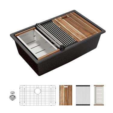 Imagem de Sarlai Pia de cozinha composta de 30 granitos – 76,2 cm x 48,3 cm preto embaixo da pia da cozinha borda da pia da cozinha estação de trabalho fosco composto de quartzo de granito preto fosco sob