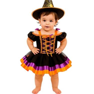 Imagem de Fantasia de Bruxinha Bebê Menina Roupa Halloween Luxo com Vestido Saia Rodada Bruxa Feiticeira (Preto, PP - 0 Á 6 MESES)
