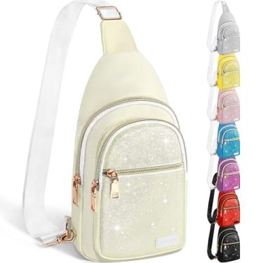 Imagem de Bolsa tiracolo para mulheres e homens, bolsas transversais com glitter, linda mini mochila de caminhada, bolsa de ombro casual no peito para viagens ao ar livre, Bege e creme brilhante, Small