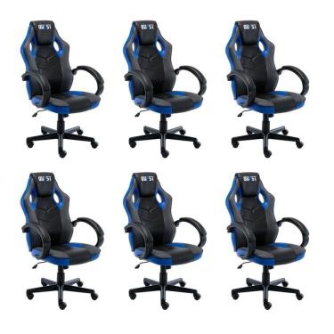 Imagem de Kit 6 Cadeiras Gamer Giratória Regulavel Quest Preto/Azul