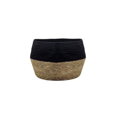Imagem de Cesto Organizador Cesta Junco Palha Algodao Preto Bege 32cm